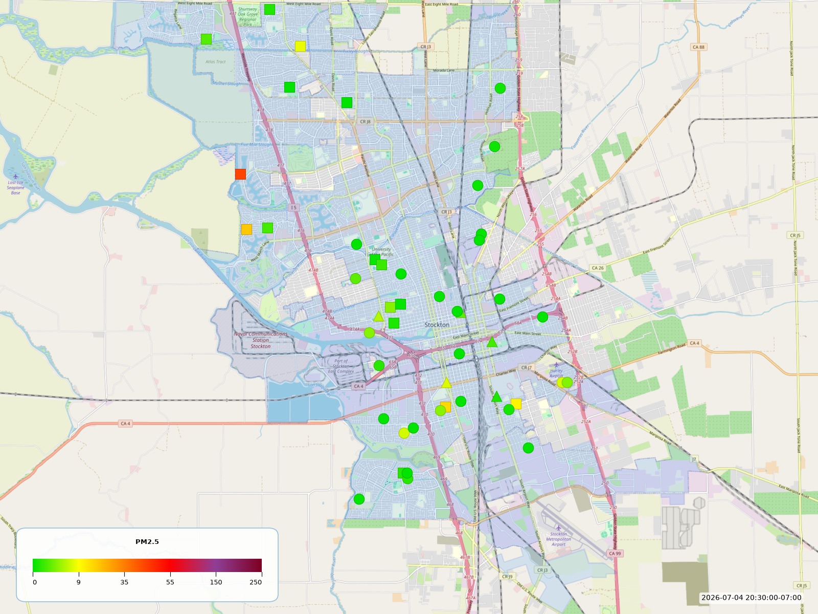 Static PM2.5 map of Stockton, monitors colored by AQI level